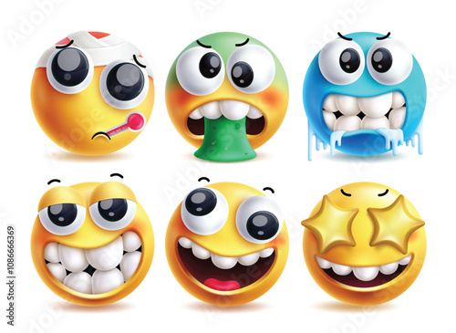 Freezing emoji vector characters set. Emojis in sick, vomit, cold, funny, cute smiling and star eyes clip art facial expressions yellow icon graphic elements. Vector illustration freeze emoji 
