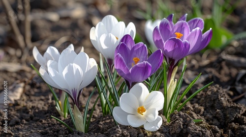 White and purple crocuses in early spring