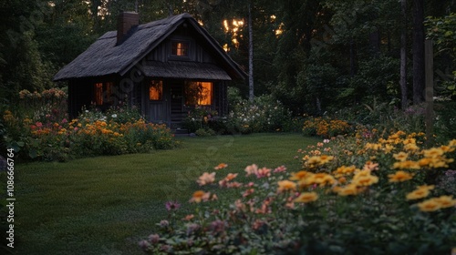 A cozy cabin surrounded by vibrant flowers at dusk, evoking tranquility and nature's beauty.