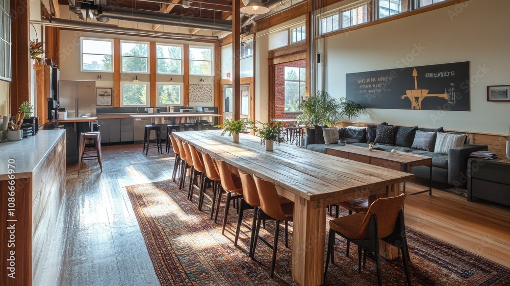 Spacious modern open-concept living area featuring a long wooden dining table, cozy seating arrangements, and abundant natural light pouring through large windows Spacious modern open-concept living area featuring a long wooden dining table, cozy seating arrangements, and abundant natural light pouring through large windows