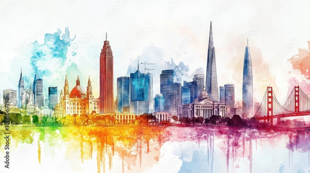 Obraz premium Vibrant Watercolor Skyline Illustration featuring Iconic Buildings and Landmarks of a Modern City with a Colorful Abstract Background
