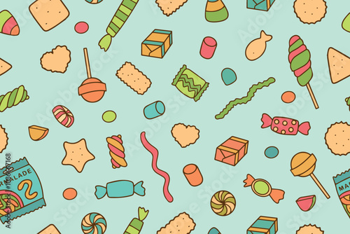 Seamless pattern with colorful candies, cookies and sweets on a blue background. Texture for banners, wallpaper, textile, wrapping paper, confectionery or children's party. Vector