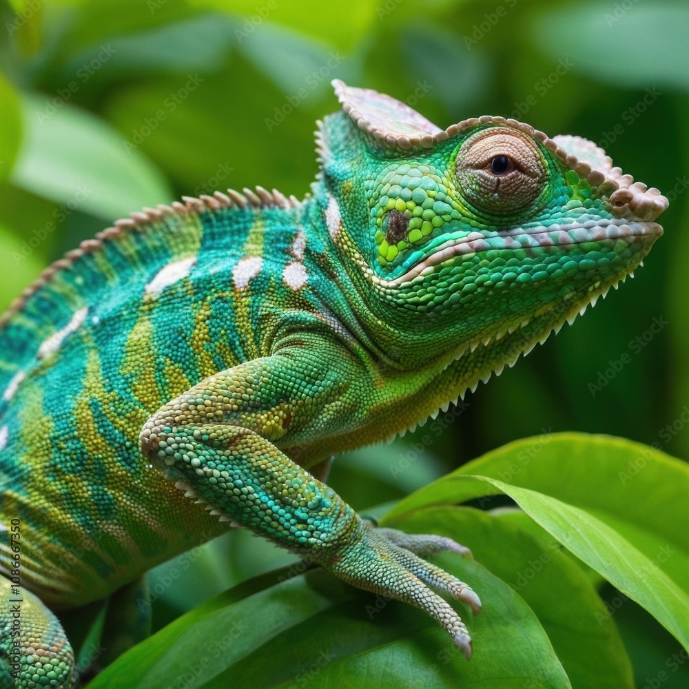 Fototapeta premium A chameleon blending into vibrant green jungle leaves