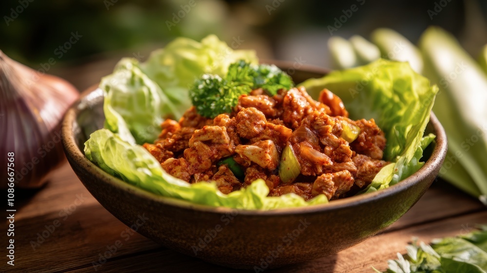 Fresh and Flavorful Dish with Chicken, Vegetables, and Herbs Served in Leafy Lettuce on a Rustic Wooden Table Surrounded by Natural Light Fresh and Flavorful Dish with Chicken, Vegetables, and Herbs Served in Leafy Lettuce on a Rustic Wooden Table Surrounded by Natural Light