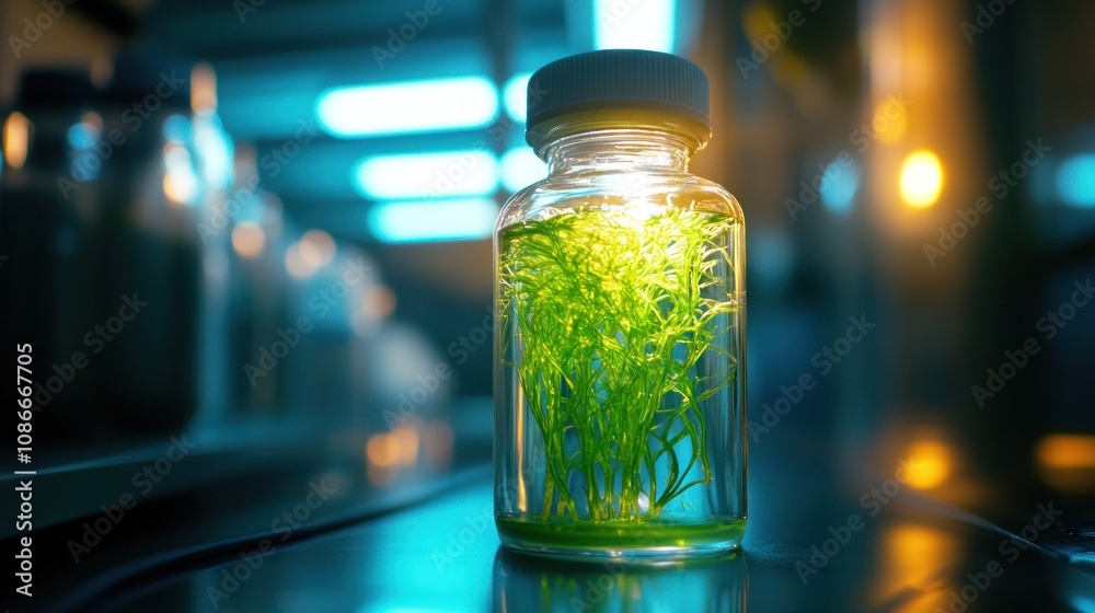 A glowing jar filled with vibrant green plants, showcasing bioluminescence in a lab setting. A glowing jar filled with vibrant green plants, showcasing bioluminescence in a lab setting.