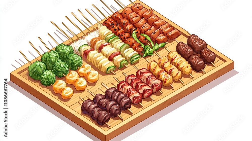 Isometric illustration of Yakitori style cutlets on wooden tray isolated on white background Isometric illustration of Yakitori style cutlets on wooden tray isolated on white background