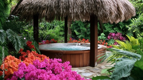 Tranquil Garden Retreat with Hot Tub Surrounded by Colorful Flowers and Lush Greenery in Tropical Paradise Setting