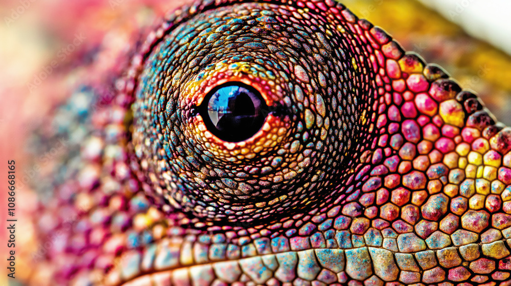 Fototapeta premium A reptile eye in on-trend colors.Fascinating close-up of a chameleon's eye, showing off its intricate patterns and vibrant colors.