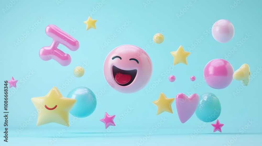Colorful 3D shapes including smiley faces, stars, and hearts on a light blue background. Colorful 3D shapes including smiley faces, stars, and hearts on a light blue background.