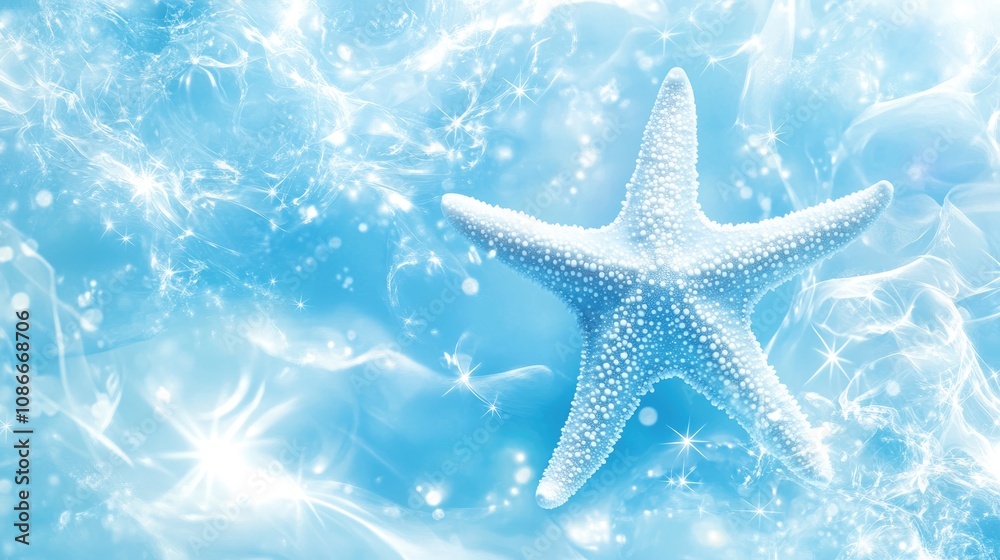Light blue background with a singular white starfish, creating a serene summer beach atmosphere with sparkling accents. Light blue background with a singular white starfish, creating a serene summer beach atmosphere with sparkling accents.