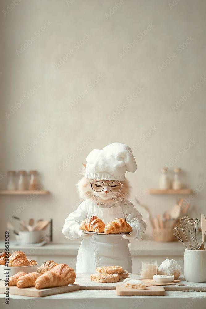 A delightful cat dressed in baker’s attire busily prepares fresh croissants in a warm, cozy kitchen. The playful and whimsical scene charm, humor, culinary creativity banner/blog/flyer/poster A delightful cat dressed in baker’s attire busily prepares fresh croissants in a warm, cozy kitchen. The playful and whimsical scene charm, humor, culinary creativity banner/blog/flyer/poster