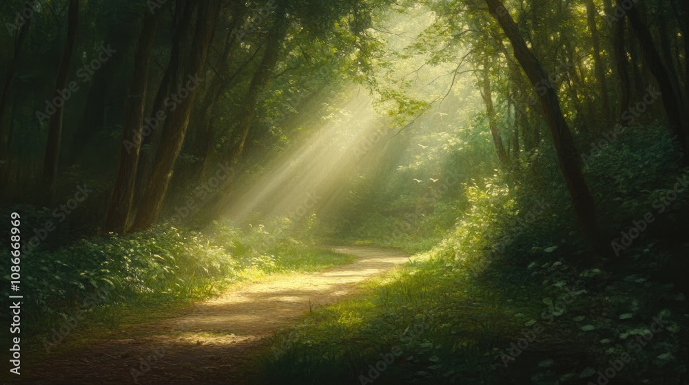 Obraz premium Serene forest trail illuminated by soft sunlight filtering through lush green trees, creating a tranquil and calming atmosphere.