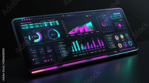 A futuristic dashboard interface displaying data analytics and visualizations.