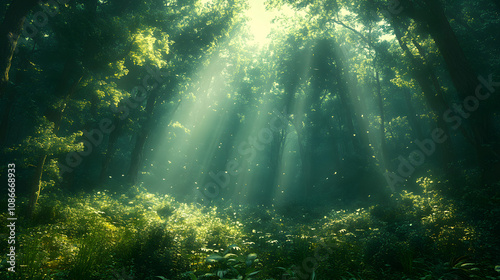 Forest landscape with tall trees and lush vegetation photographed under soft natural light, showcasing the beauty and tranquility of untouched wilderness, symbolizing the harmony of nature and the ric