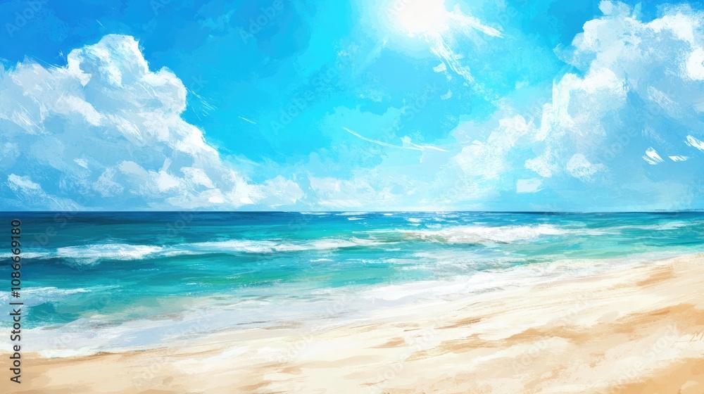 Fototapeta premium Vivid ocean beach scene under a radiant blue sky with fluffy clouds, showcasing gentle waves lapping at the sandy shore on a bright sunny day.