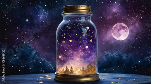 Celestial Mason jar, a dreamy night sky with stars, a moon and miniature fantasy world V5