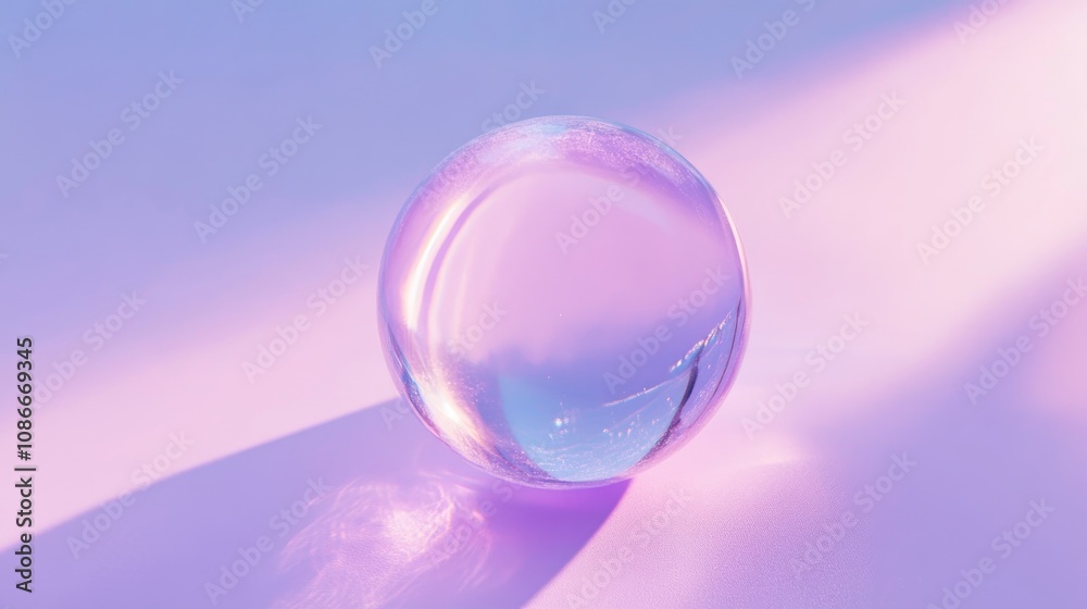 Translucent crystal ball reflecting light on a radiant violet surface creating an ethereal and mystical ambiance, showcasing a surreal exploration of light and color. Translucent crystal ball reflecting light on a radiant violet surface creating an ethereal and mystical ambiance, showcasing a surreal exploration of light and color.