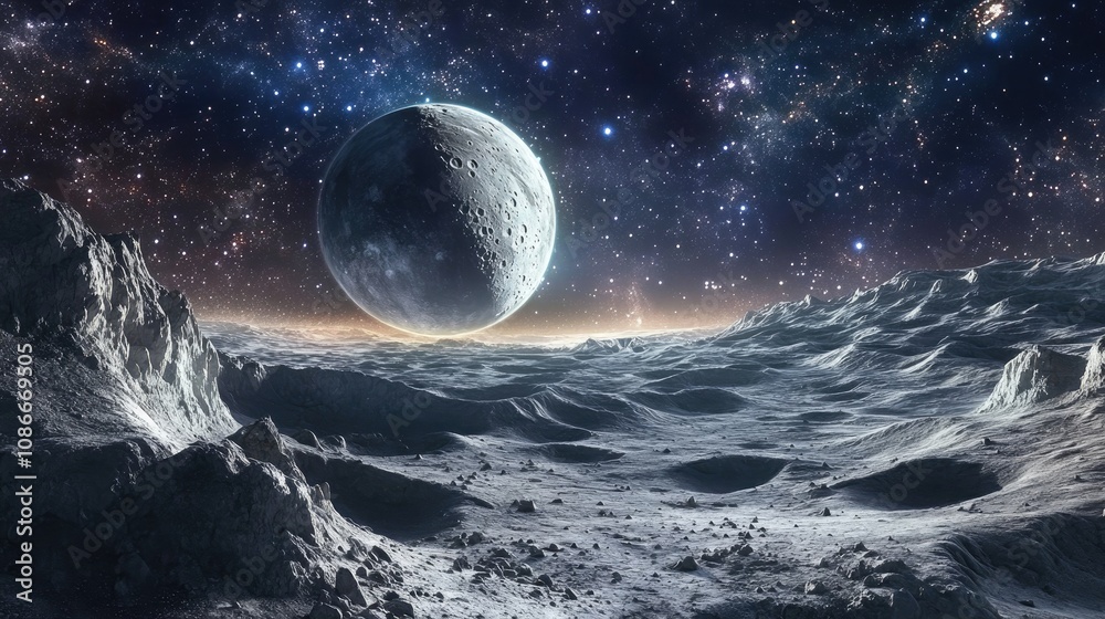 Fototapeta premium Surreal lunar landscape with barren craters and unique rock formations under an ethereal sky, evoking the mystery of space exploration.