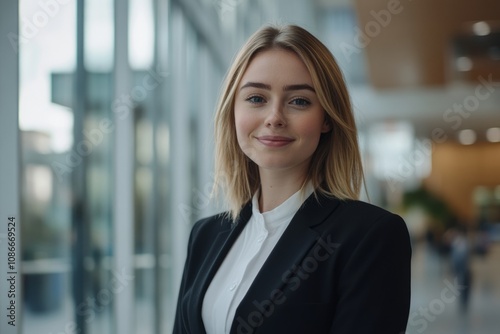 A confident young professional stands in a modern office ambiance. She wears a stylish black blazer over a white blouse. The background is bright and inviting. Generative AI