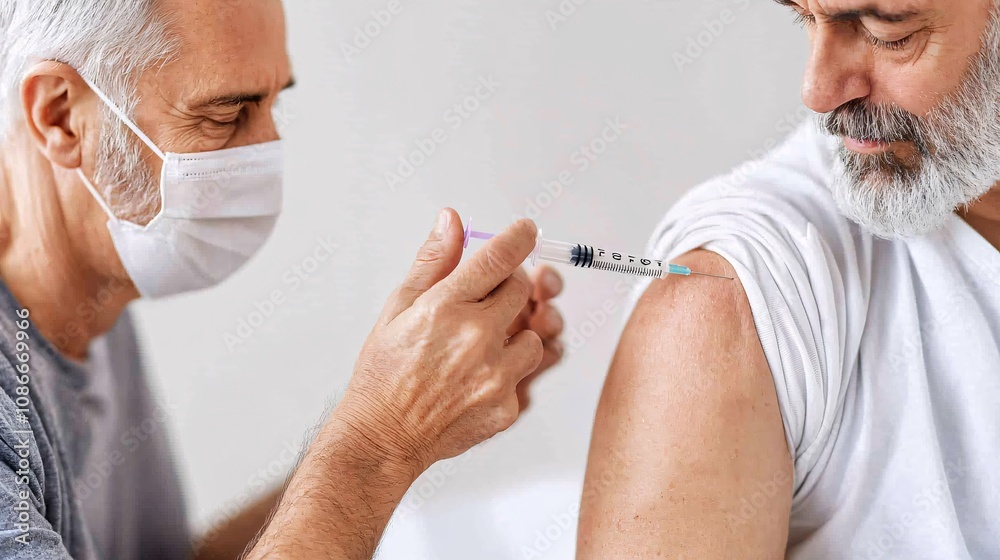 Senior vaccine concept.A healthcare professional administers a vaccine to an elderly man in a clinical setting, both wearing masks to ensure safety. Senior vaccine concept.A healthcare professional administers a vaccine to an elderly man in a clinical setting, both wearing masks to ensure safety.