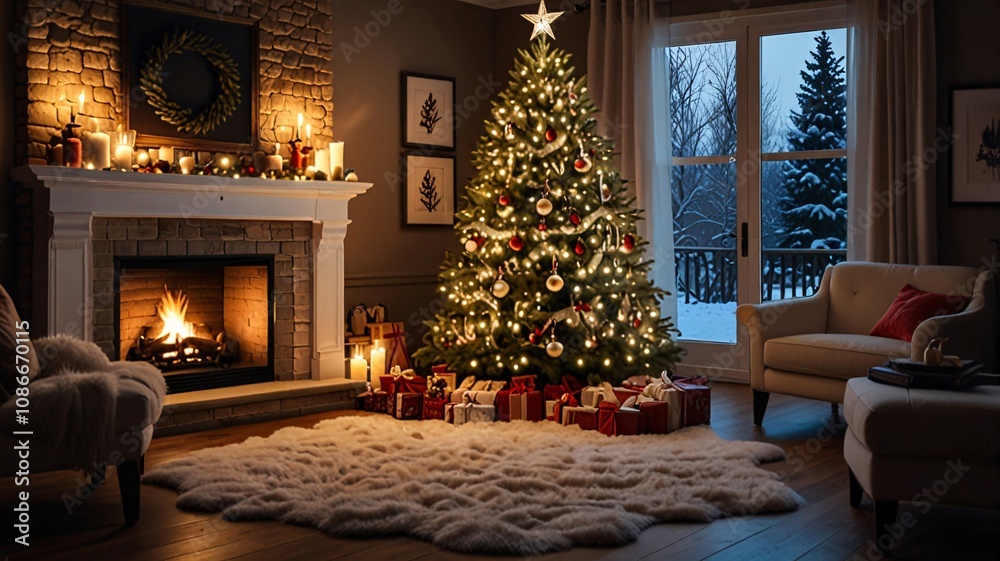 Cozy Christmas Living Room with Fireplace, Decorated Trees, Stockings, and Warm Holiday Ambiance V2 Cozy Christmas Living Room with Fireplace, Decorated Trees, Stockings, and Warm Holiday Ambiance V2