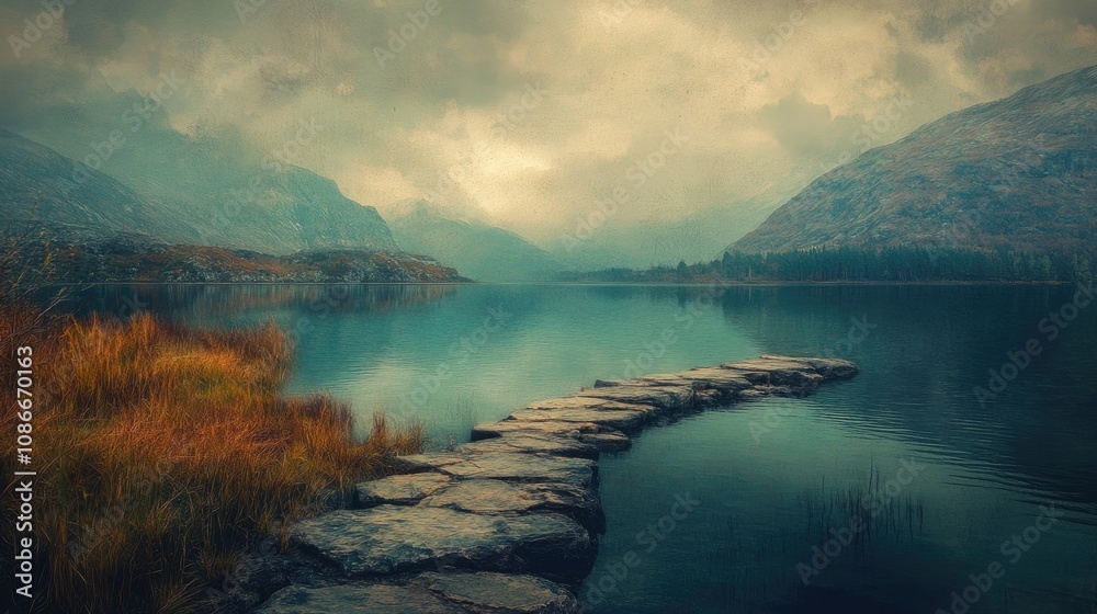 Fototapeta premium Serene lake scene featuring a rocky pathway winding through lush grasses, surrounded by misty mountains under a moody sky.