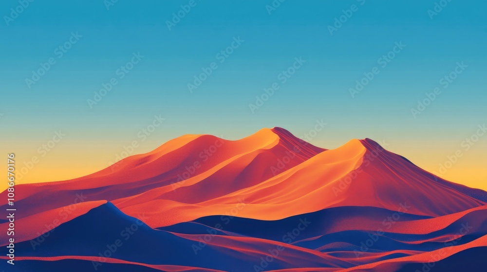 Majestic desert dunes glowing in warm sunset hues, set against a striking gradient of blue and gold in the sky.