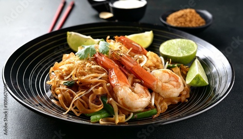 Still life of Pad Thai, stired noodles with shrimps, egg served with lime, vegetable photo