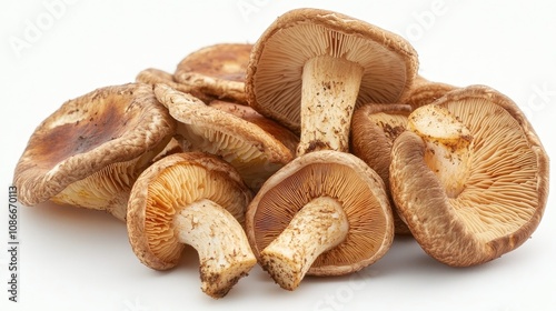 Fresh and Organic Shiitake Mushrooms Displayed Beautifully on a White Background, Perfect for Culinary, Nutritional, or Health-related Projects and Publications