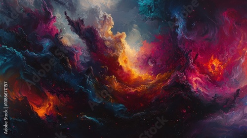 A vibrant cosmic scene depicting swirling clouds of gas and stars, showcasing deep blues, fiery oranges, and purples in an ethereal space environment.