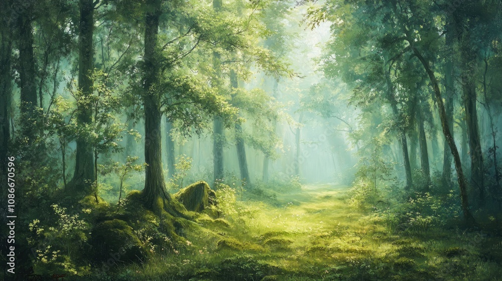 Fototapeta premium Misty forest landscape showcasing vibrant green moss, towering trees, and soft, tranquil light creating a serene outdoor atmosphere.