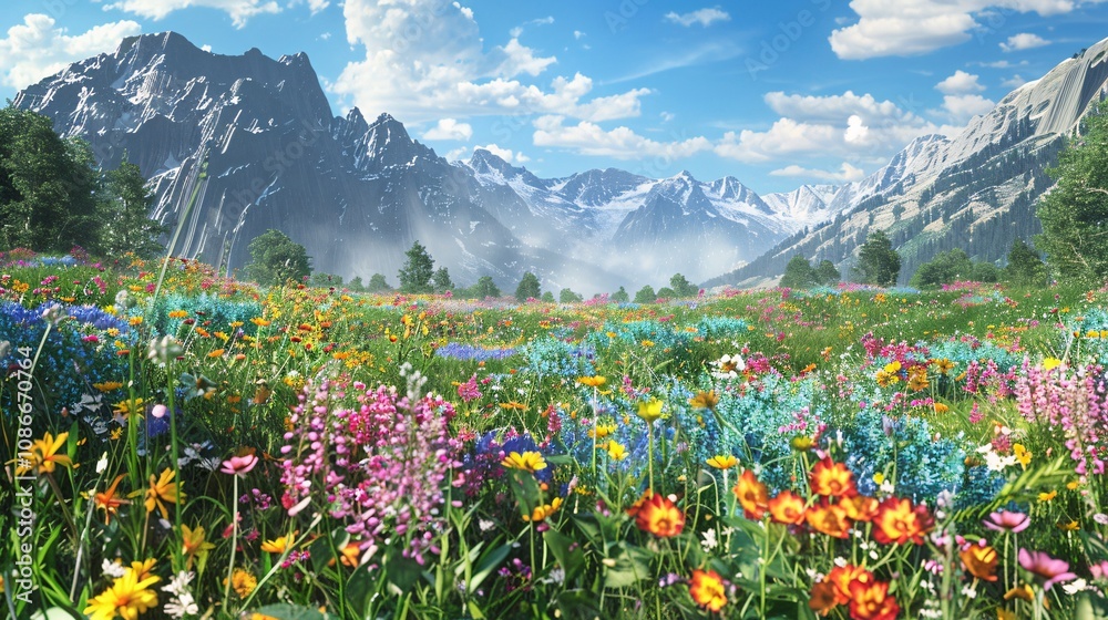 Fototapeta premium Wildflower meadow with a mountain backdrop