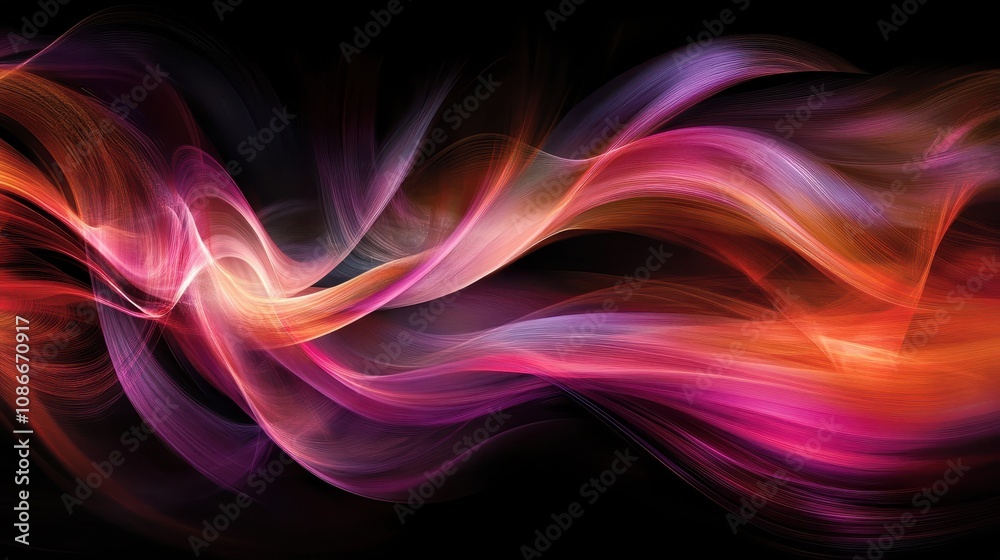 Obraz premium A vibrant, swirling abstract design featuring flowing waves of pink, purple, and orange hues against a dark background.