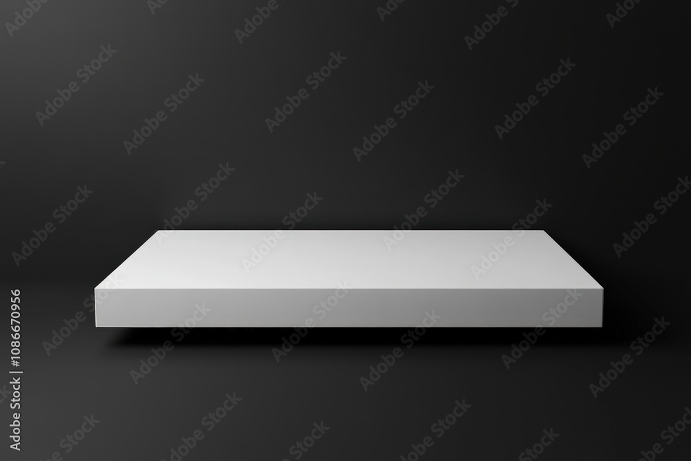 Minimalist rectangular white platform with smooth matte surface isolated on black background for modern product display and presentation Minimalist rectangular white platform with smooth matte surface isolated on black background for modern product display and presentation