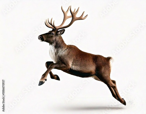 Leaping reindeer isolated on a white background wildlife photography natural habitat dynamic pose animal behavior captured for seo impact photo