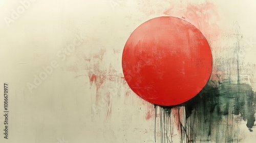 Vibrant abstract art showing a textured red circle on an off-white background, symbolizing concepts of life and existence with paint drips adding dynamic movement. photo