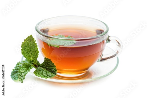 Tea cup with mint leaf on white background.