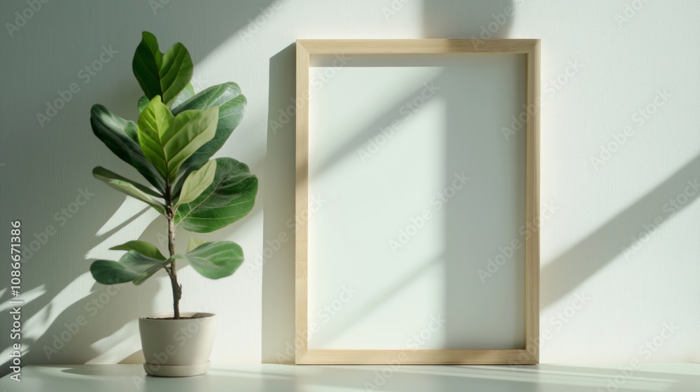 Minimalist interior with a blank wooden frame beside a potted plant illuminated by soft sunlight in a cozy room. Minimalist interior with a blank wooden frame beside a potted plant illuminated by soft sunlight in a cozy room.