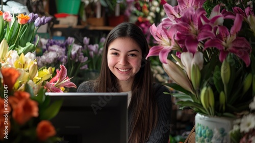 A young woman smiles while surrounded by colorful flowers in a floral shop.