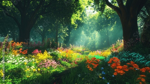 Lush Forest Filled with Vibrant Flowers and Sunlit Canopy Illuminating Diverse Plant Life and Gentle Mist