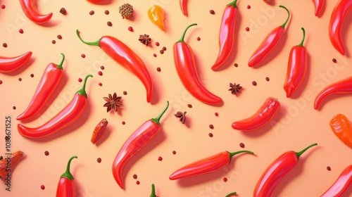 Vibrant collage of red chili peppers and diverse spices arranged harmoniously on a warm-toned background, showcasing culinary variety and color.