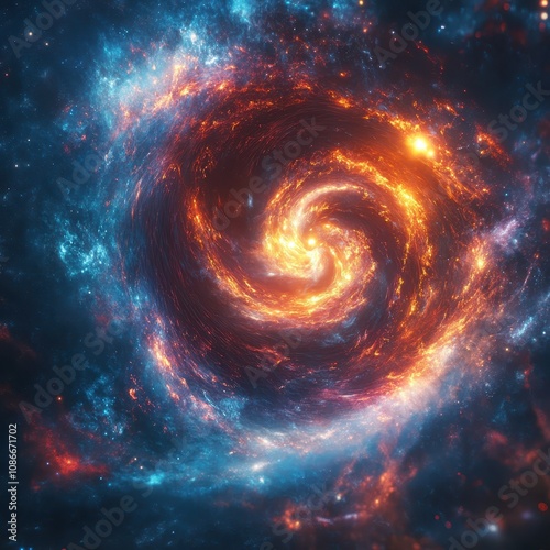 A vibrant, swirling galaxy filled with bright orange and blue hues, showcasing interstellar beauty and cosmic phenomena.