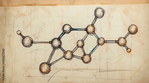 Presenter illustrating a hand-drawn chemical structure of propanol with detailed molecular connections and colorful atomic representations. photo