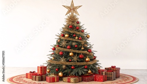 Festive Christmas Tree with Red and Gold Ornaments, Twinkling Lights, and Gifts in a Studio Setting V6