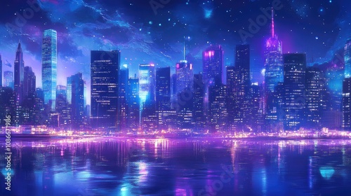 Vibrant night cityscape with colorful lights reflecting on water, featuring skyscrapers illuminated against a starry sky and a tranquil harbor ambiance.