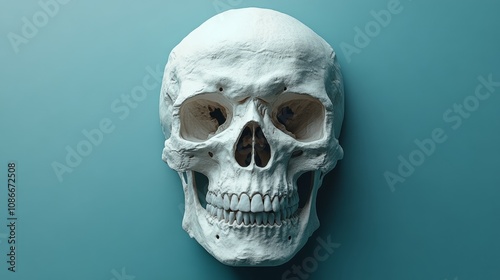 A white skull is shown on a blue background