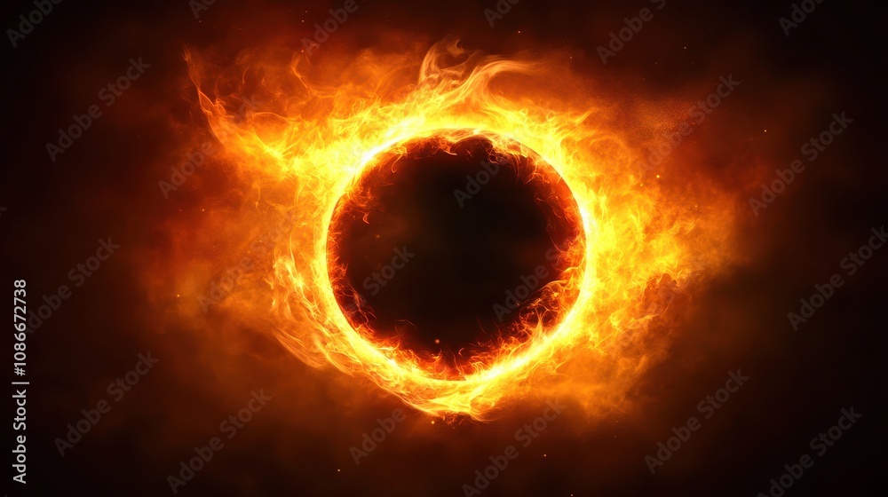 Fototapeta premium A striking image of a fiery solar eclipse, showcasing a dark center surrounded by vibrant flames and swirling light.