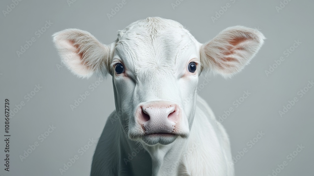 A white cow with its head turned to the side