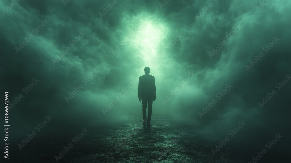 A man stands in the middle of a foggy, dark forest A man stands in the middle of a foggy, dark forest