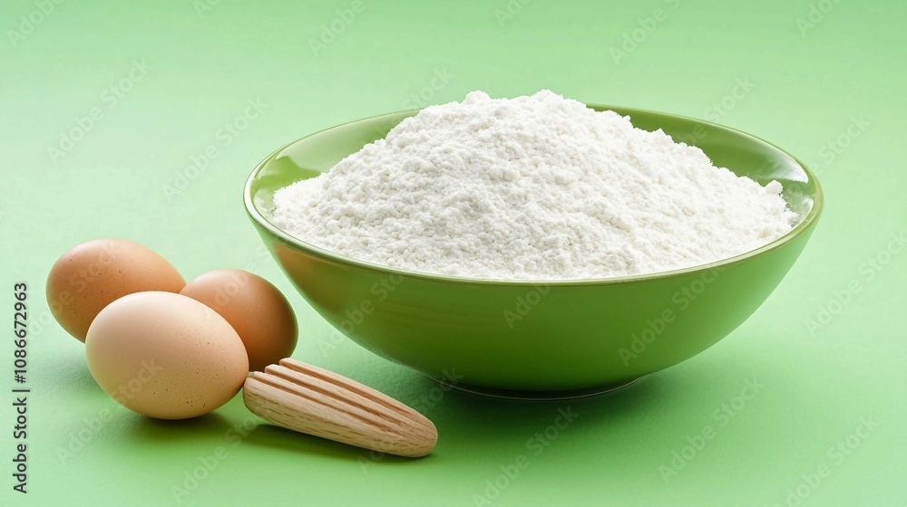Fresh Ingredients for Baking: Flour in a Green Bowl with Eggs on a Light Green Background, Perfect for Cooking and Culinary Creativity Fresh Ingredients for Baking: Flour in a Green Bowl with Eggs on a Light Green Background, Perfect for Cooking and Culinary Creativity
